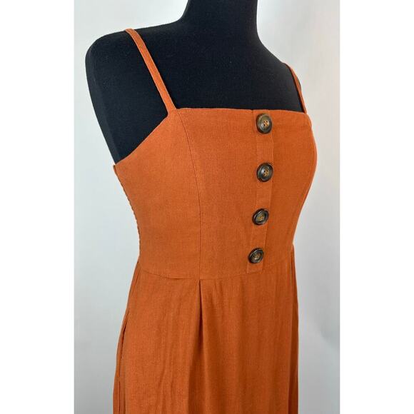 J Gee Size Medium Rust Burnt Orange Linen Like Maxi Dress Autumn Retro Cottage - Picture 3 of 10